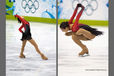 A double image of Mao Asada (Japan) performing her Free Programme at the 2010 Vancouver Winter Olympic Games and with the Olympic Rings in the background.