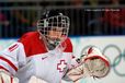 Switzerland's goalkeeper Florence Schelling is ready for anything in their women's ice hockey match against China