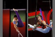 A double image of gymnasts Rustam Charipov (Ukraine) left and Lance Ringnald (USA) competing against colourful backgrounds on Parallel Bars and Rings respectively.
