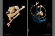Deng Senyue (China) and Alina Maksymenko (Ukraine) perform spectacular leaps while competing with Clubs and Hoops at the World Rhythmic Gymnastics Championships in Montpellier.