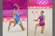 Lioubou Charkashyna (Belarus) left and Frankie Jones (Great Britain) right competing with Clubs during the Rhythmic Gymnastics competition of the London 2012 Olympic Games.