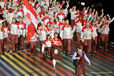 The team from Canada wearing their maple leaf tartan uniforms at the Opening Ceremony of the 2014 Glasgow Commonwealth Games.