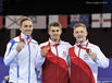 The medallists in the en's all around competition at the 2014 Glasgow Commonwealth Games (gold Max Whitlock England, silver Daniel Keatings Scotland, bronze Nile Wilson England).