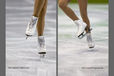 Two generic cropped images of the skating boots and feet of a female skater competing in the 2010 Winter Olympic Games in Vancouver.
