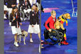 Athletes from the USA and Belgian teams bring their dogs along with them during the Opening Ceremony of the London 2102 Paralympic Games.
