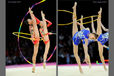Gymnasts from the gorups of Kazakhstan (left) and Korea (right) show maximum amplitude while competing at the World Rhythmic Gymnastics Championships in Montpellier.