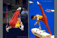 A double action image of Chinese gymnasts Chen Yibing left on the Rings and Zhang Hongtao right on the pommel horse showing real style and technique at 2009 London World Artistic Gymnastics Championships at the 02 arena.