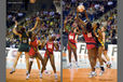 A double action image of all out effort from the players during the Malawi versus South Africa Match at the 2010 World Series Netball Championships in Liverpool.
