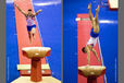 A double image of British gymnasts competing on vault - Kristian Thomas (left) and Daniel Keatings (right) at the 2009 London World Artistic Gymnastics Championships.