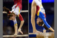 A double image of action portraits ofRomania's Ana Porgras competing on Asymmetric Bars left and the Balance Beam right at the 2009 London World Artistic Gymnastics Championships.