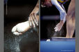 A double generic image of female gymnasts chalking up their hands and feet before competing on the Balance Beam.  