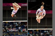 Diana Bulimar (Romania) left and Diana Chelaru right, competing on asymmetric bars at the Gymnastics competition of the London 2012 Olympic Games.