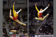 A double image of Chinese gymnasts Meng Fei (left) and Ma Yanling (right) performing spectacular leaps during their compulsory Floor Exercises at the 1995 Sabae World Gymnastics Championships.