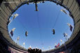 A fish eye view of the Olympic Flame burning in the stadium at the 2012 London Olympic Games.