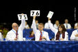 The panel of judges for Tumbling are seemingly in agreement at 2010 British Trampoline Championships at the National Indoor Arena Birmingham.