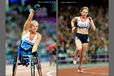 Hannah Cockcroft (Great Britain) wins the 100 T44 metres race left and Hazel Robson in the 200 metres T56 during the Athletics competition at the London 2012 Paralympic Games.