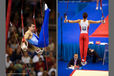 A double image of gymnasts competing on Rings and out to impress the judges at the 2009 London World Artistic Gymnastics Championships - Robert Stanescu (Romania) left and Fabian Leimlehner (Austria) right.