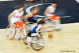 A generic blurred motion image of players rushing to get to the ball first in the Great Britain V Netherlands Women's Wheelchair Basketball match at the London 2012 Paralympic Games.