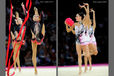 The groups from Canada (left) and Spain (right) at the World Rhythmic Gymnastics Championships in Montpellier.