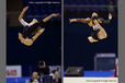 Gymnasts Elizabeth Seitz Austria (left) and Salma El Mahmoud Egypt (right) perform  artistic leaps during their Floor routines at the 2009 London World Artistic Gymnastics Championships at the 02 Arena.