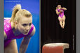 A portrait image of Ariella Kaeslin (Switzerland) as she waits to compete on vault (left) and an action image (right) at the 2010 European Gymnastics Championships in Birmingham.
