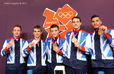The British men's team pose with their bronze medals from the team competition of the Gymnastics event at the 2012 London Olympic Games.
