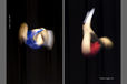 A generic blurred motion image of a female trampolinists performing a tucked front somersault (left) and a piked front somersault (right) during their routines at the 2010 British Championships at the National Indoor Arean Biringham July 24th