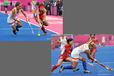 Nagisa Hayashi (Japan) goes on the attack and Sophie Polkamp (Netherlands) clears the ball in their match at the 2012 London Olympic Games.