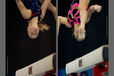 A double close up image of gymnasts Sanne Wevers (Netherlands) left and Ana Maria Izurieta (Spain) right, showing total concentration as they compete on the Balance beam at the 2009 Glasgow Grand Prix