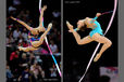 British gymnasts Mimi Cesar (left) and Keziah Gore (right) competing with Ribbon at the World Rhythmic Gymnastics Championships in Montpellier.