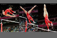 Beth Tweddle (Great Britain) competes on asymmetric bars during the women's team competition at the 2012 London Olympic Games.