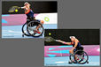 Lucy Shuker (Great Britain) at full stretch on the forehand and the backhand during her first roound singles match in the women's wheelchair Tennis competition at the 2012 London Paralympic Games.