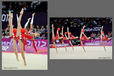 The group from the Ukraine competing in the Rhythmic Gymnastics competition of the London 2012 Olympic Games.