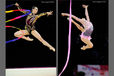 Alexandra Piscupescu (Romania) left and Lioubou Charkashina (Belarus) right appear to be dancing in the air while competing with Ribbon at the 2011 World Rhythmic Gymnastics Championships in Montpellier.