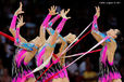The group from Israel competing with Hoop and Ribbon at the World Rhythmic Gymnastics Championships in Montpellier.