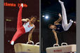 A double image of Li Donghua (Switzerland) left and Krisztian Berki (Hungary) right, competing on Pommel Horse at the 1996 Atlanta Olympic Games and the 2009 Glasgow Grand Prix respectively.