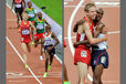 Mo Farrah (Great Britain) wins the 10000 metres at the 2012 London Olympic Games but checks to see if his training partner has made it too.