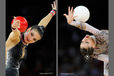 Cropped action portrait images of Dora Vass (Hungary) left and Carolina Rodriguez (Spain) right competing with Ball at the World Rhythmic Gymnastics Championships in Montpellier.