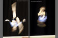 A double image of blurred mtion images on the Balance Beam - a Barani (left) and a tucked back somersault (right).