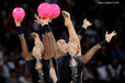The group from Hungary competing at the World Rhythmic Gymnastics Championships in Montpellier.
