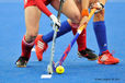 A generic image of players tacking during the Japan versus Netherlands Women's Hockey match at the 2012 London Olympic Games.
