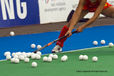A cropped generic action image of a Chinese player practising taking penalty strokes before their match against Argentina at the 2010 Women's World Cup Hockey Tournament.