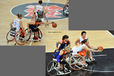 British captain Clare Strange gets to the ball ahead of Roos Oosterbaan (Netherlands) and Mariska Beijer turns the tables in their wheelchair basketball match at the London 2012 Paralympic Games.