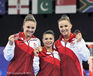 The medallists of the women's all around competition at the 2014 Glasgow Commonwealth Games (gold Claudia Fragapane, Silver Ruby Harrold, bronze Hannah Whelan all England).