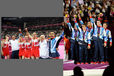 The British men's team and their coaches celebrate winning the bronze medal in the team competition of the Gymnastics event at the 2012 London Olympic Games.