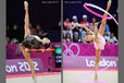 Lioubou Charkashyna (Belarus) competing with Ribbon and Hoop during the Rhythmic Gymnastics competition of the London 2012 Olympic Games.