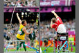 Damian Bowen (Australia) competing in the Men's javelin F33/34 (left) and Agar Apinis (Latvia) competing in the Men's Shot Put F52/53 (right) event during the Athletics competition of the London 2102 Paralympic Games.