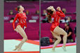 Rebecca Tunney left and Jenni Pinches right (both Great Britain) competing on floor exercise during the Gymnastics competition at the London 2012 Olympic Games.