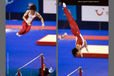 Two images of Kohei Uchimura (Japan) the overall champion competing on High Bar at the 2009 London World Artistic Gymnastics Championships at the 02 Arena.