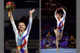 A double image of Andrea Raducan (Romania) celebrating winning the gold medal in the women's gymnastics event at the Sydney 2000 Olympic Games the day before she failed a drug test and also competing on Floor.